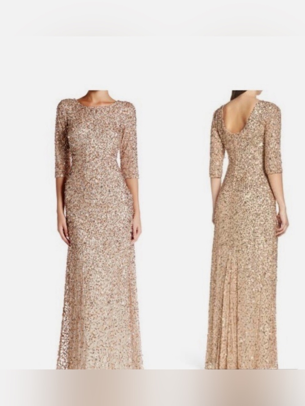 Adrianna Papell Scoop Back Sequin Gown Champagne Silver 12 Formal Dress Wedding